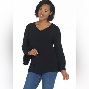 *Susan Graver Textured Liquid Knit Tunic Lace Trim MEDIUM ~ A310080 Black